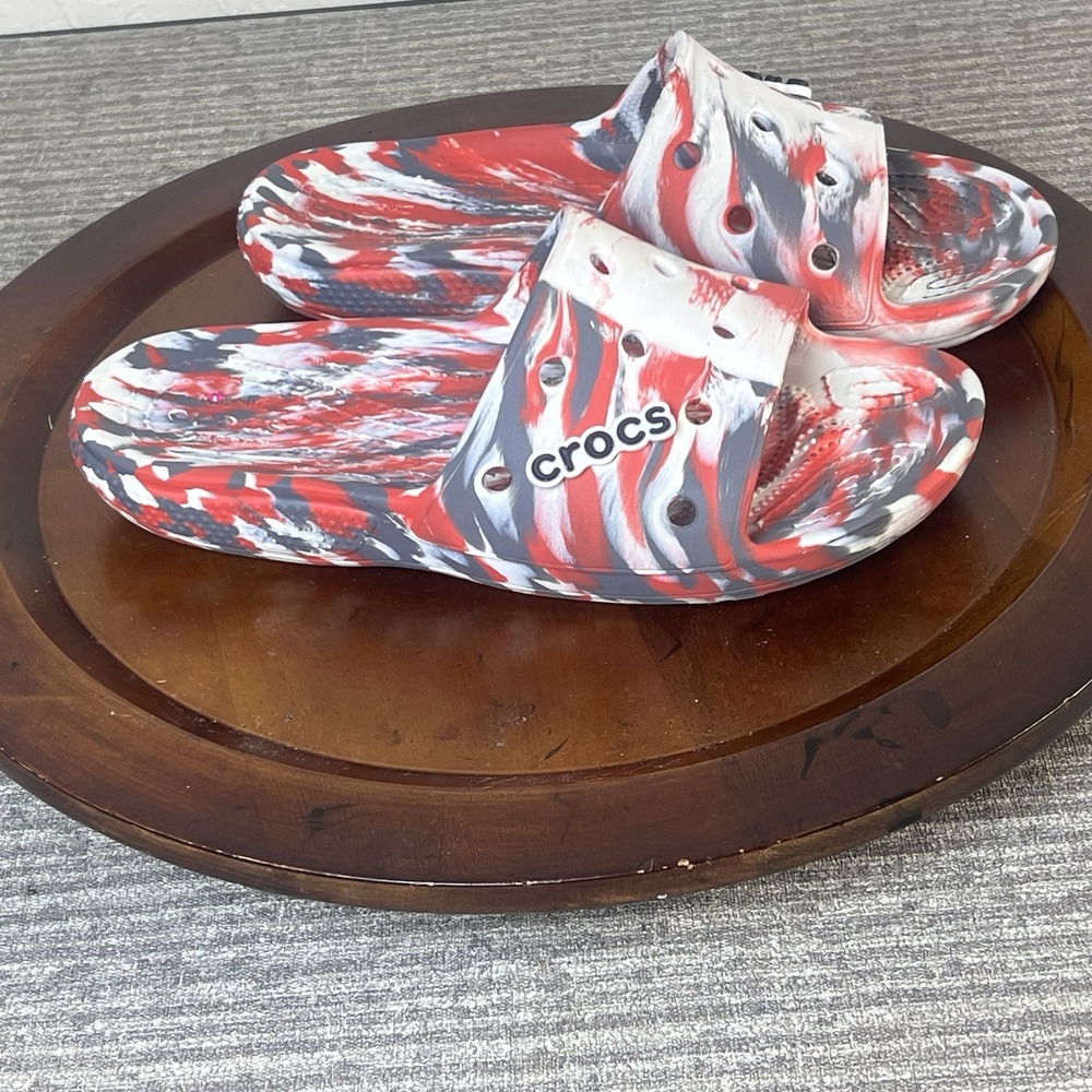 Crocs Classic Slide Sandals Marbled Red White‎ Black Swirl Slip On Shoes Mens 7